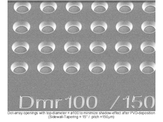 SEM-image of Stencil-mask with 100µm holes and 15° sidewall-tapering.
